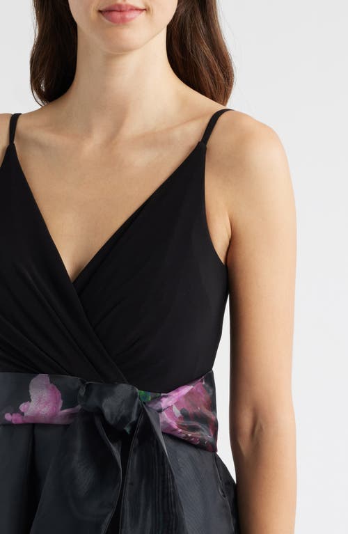 Eliza J Placed Floral Mixed Media Gown In Black