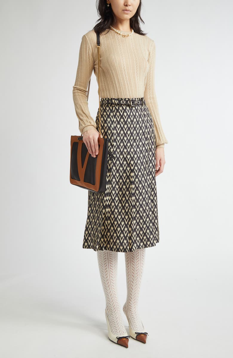 Valentino Garavani Toute la V Belted Silk Twill Midi Skirt, Alternate, color, Black/ Cream