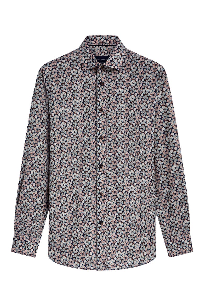Shaped Fit Print Stretch Cotton Button-Up Shirt, Alternate, color, TOBACCO