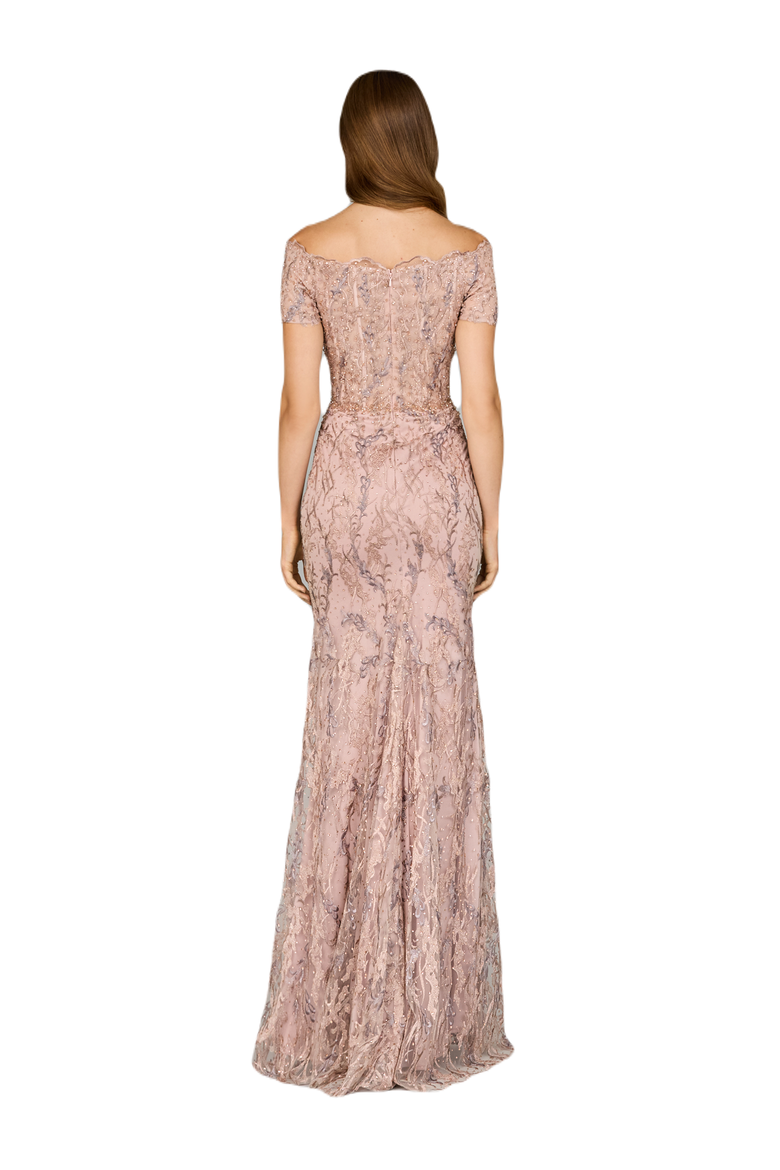 Off Shoulder Mermaid Gown with Short Sleeves, Alternate, color, Blush