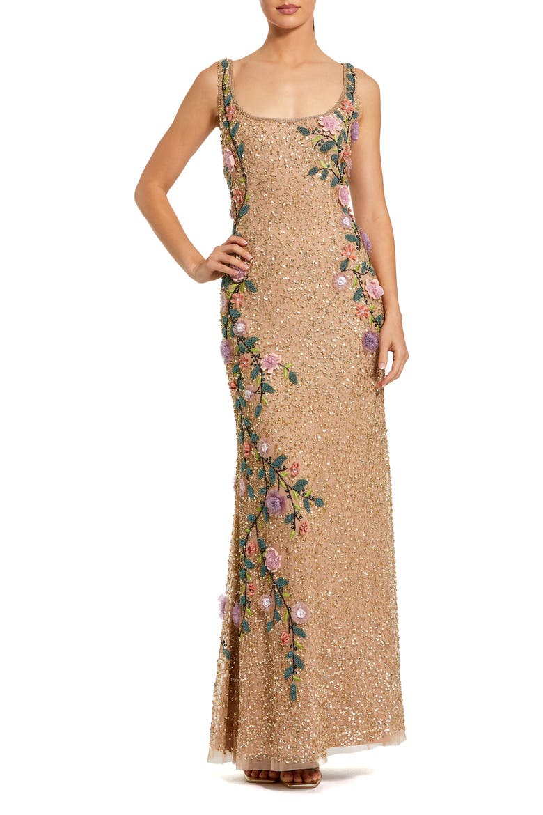 Embellished Mesh Gown with Scoop Neck and Floral Beading, Main, color, Gold Multi