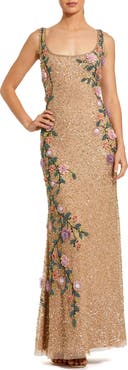 Mac Duggal Embellished Mesh Gown with Scoop Neck and Floral Beading