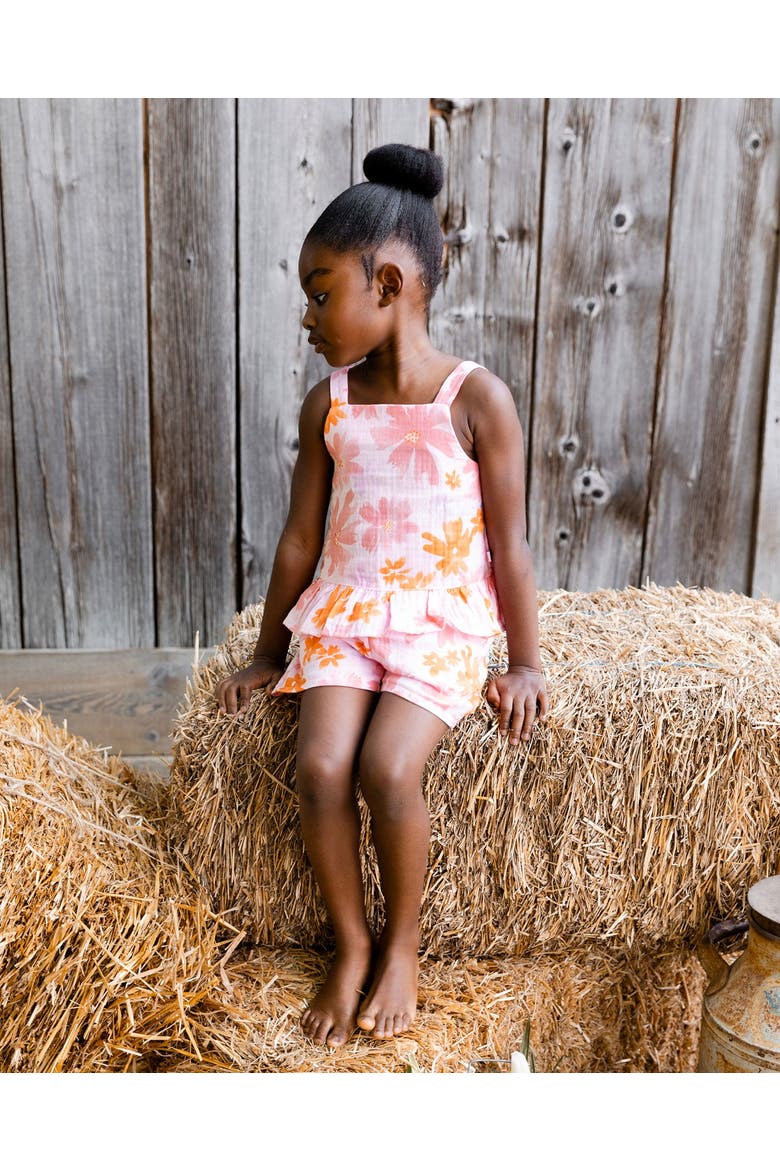 Girl's Printed Tank Top And Short Muslin Set With Frills Pink And Coral Flowers, Alternate, color, Pink And Coral Flowers