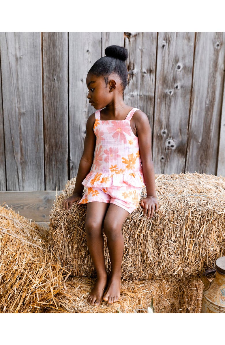 Deux par Deux Girl's Printed Tank Top And Short Muslin Set With Frills Pink And Coral Flowers, Alternate, color, 