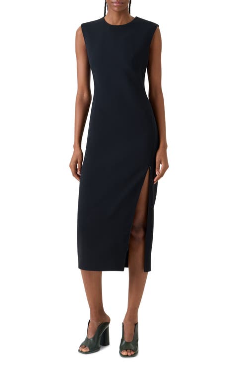 Sleeveless Zip Slit Wool Blend Sheath Dress
