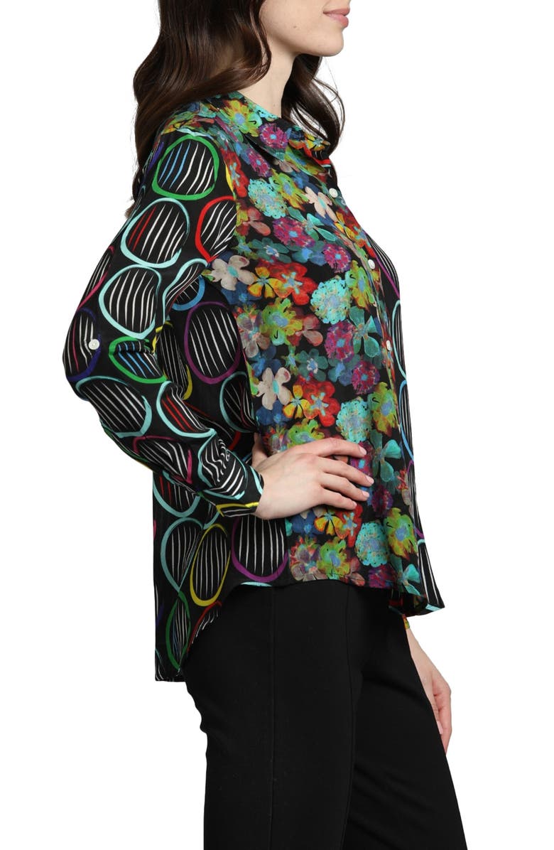 APNY Abstract Print Roll Tab Sleeve Chiffon Button-Up Shirt, Alternate, color, Black Multi