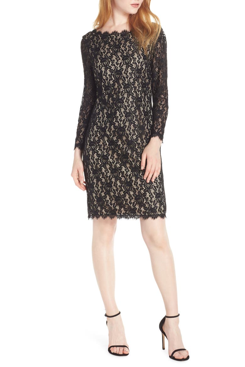 Long Sleeve Lace Cocktail Dress, Main, color, BLACK/ NUDE