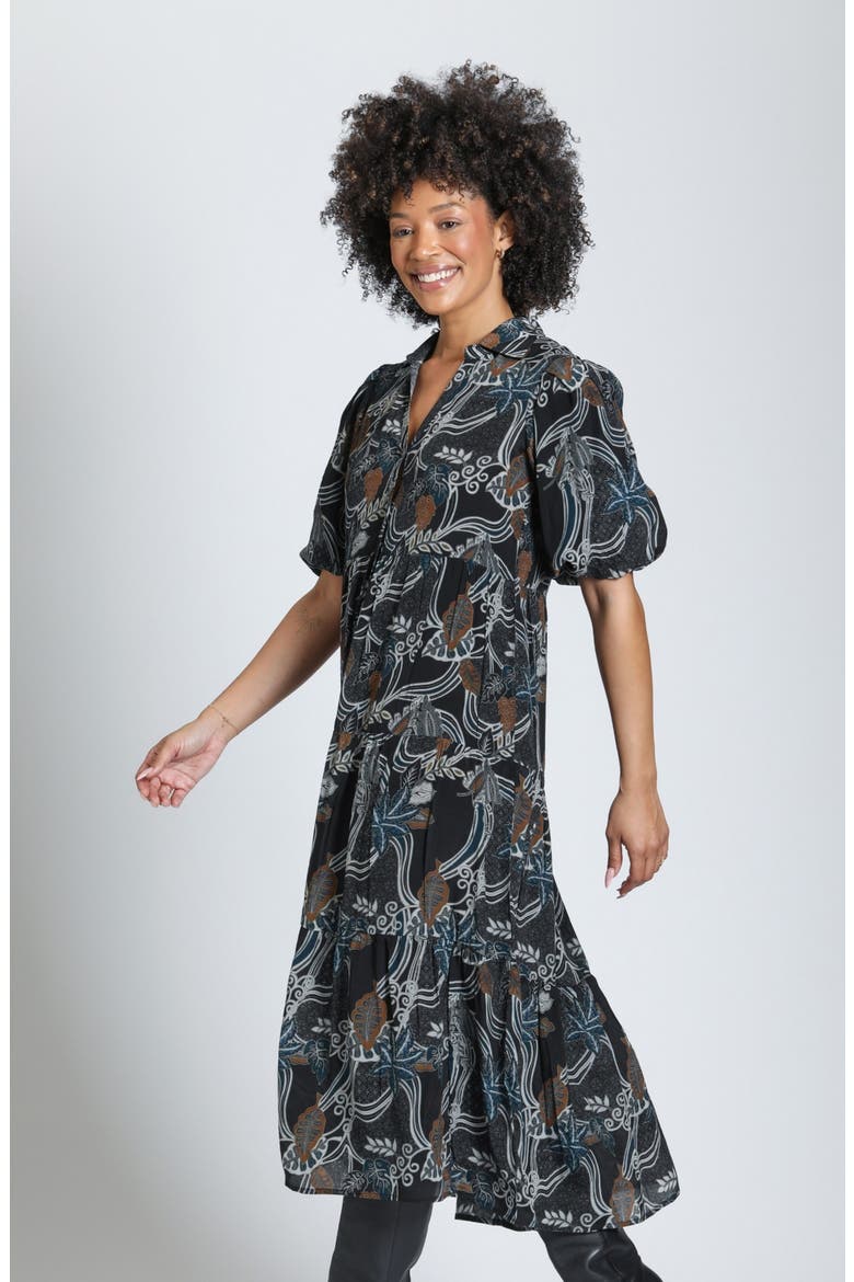 Tiered Elbow Sleeve Midi Dress, Alternate, color, MIDNIGHT SPRUCE MULTI