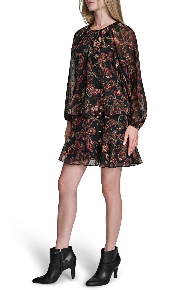 BCBG Print Ruffle Long Sleeve Minidress, Alternate, color, Chocolate / Plum Orange