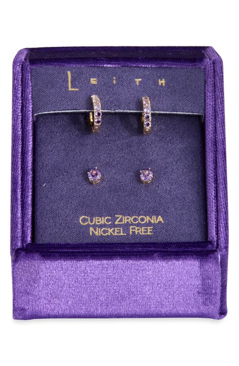 Set of 2 Cubic Zirconia Stud & Huggie Hoop Earrings