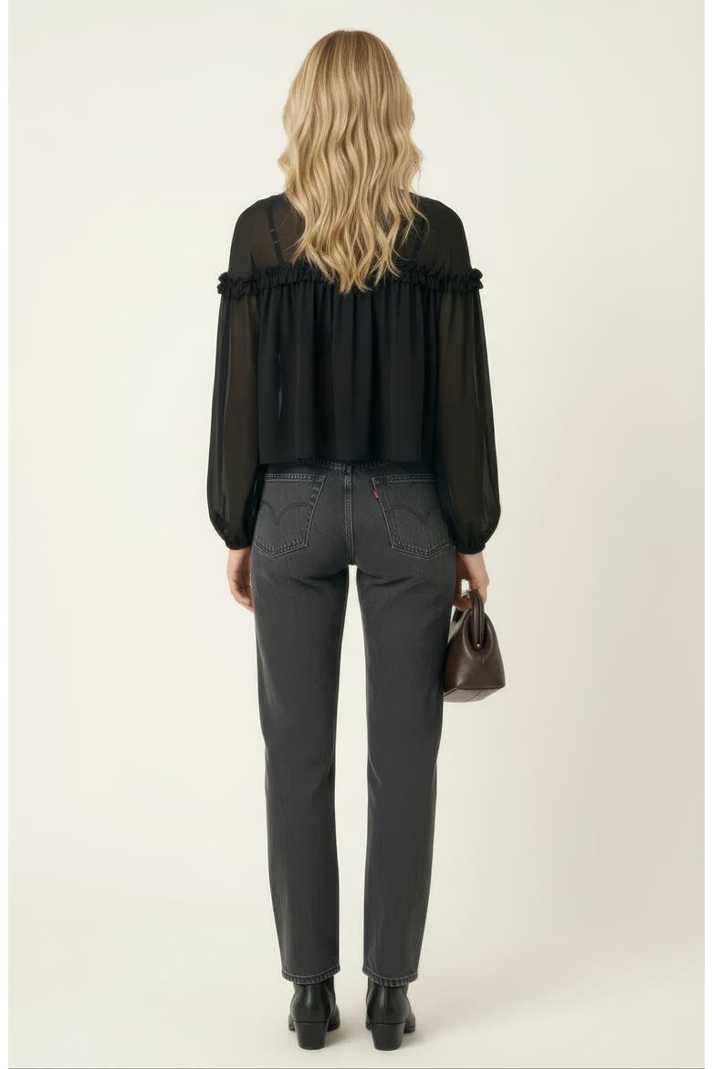 Sheer Long Sleeve Blouse with Ruffled Trim and Flowing Silhouette, Alternate, color, Black