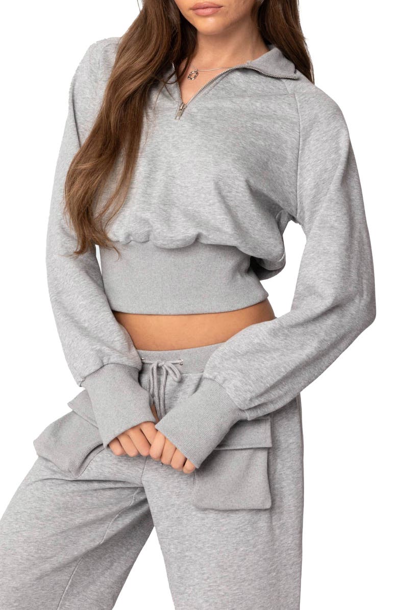 EDIKTED Bailey French Terry Crop Quarter Zip Sweatshirt, Alternate, color, Gray Melange