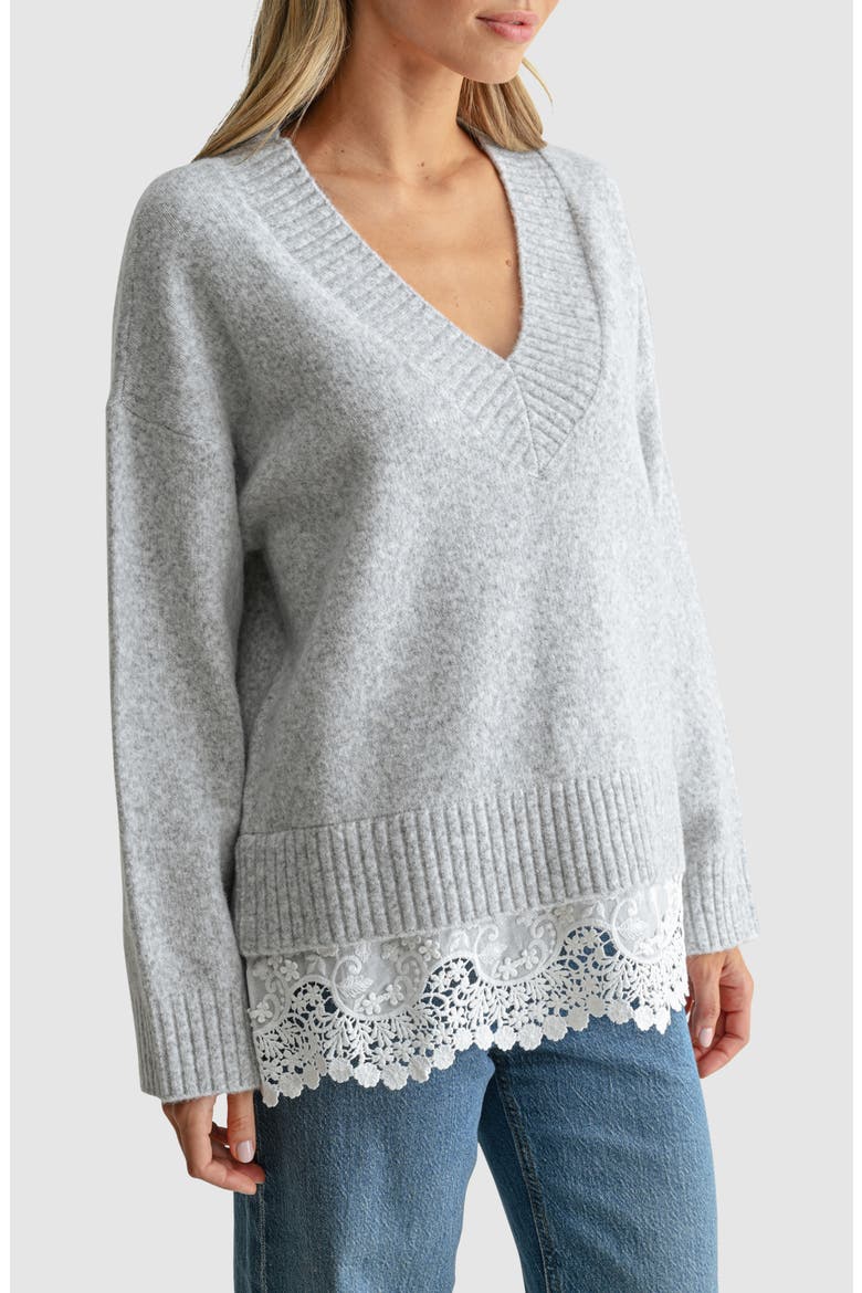 Lace Hem V-Neck Sweater, Alternate, color, HEATHER GREY