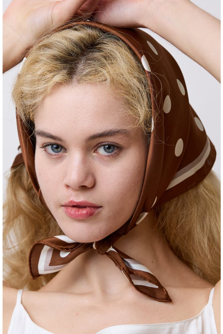 Retro Polka Dot Silk Square Bandana, Alternate, color, COFFEE