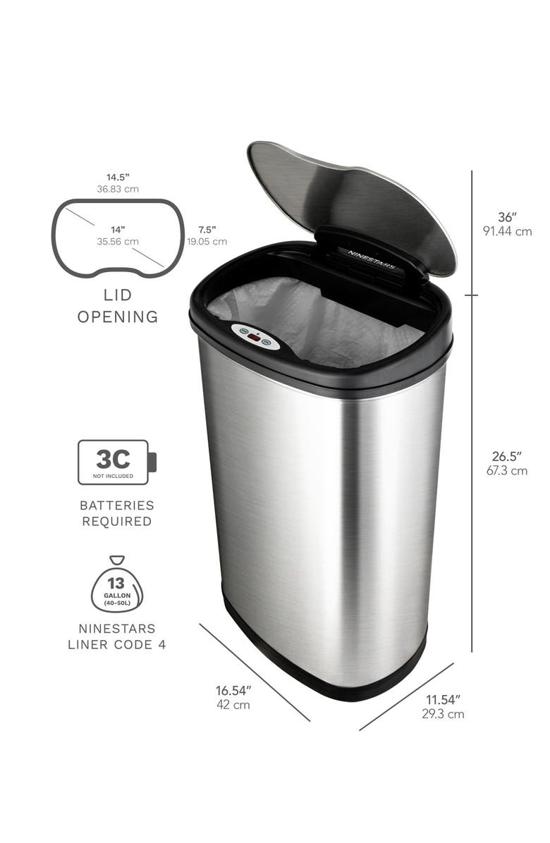 NINESTARS Oval Automatic Touchless Infrared Motion Sensor Trash Can Combo 2-Piece Set - 13.2 Gallons/2.1 Gallons, Alternate, color, Silver Black