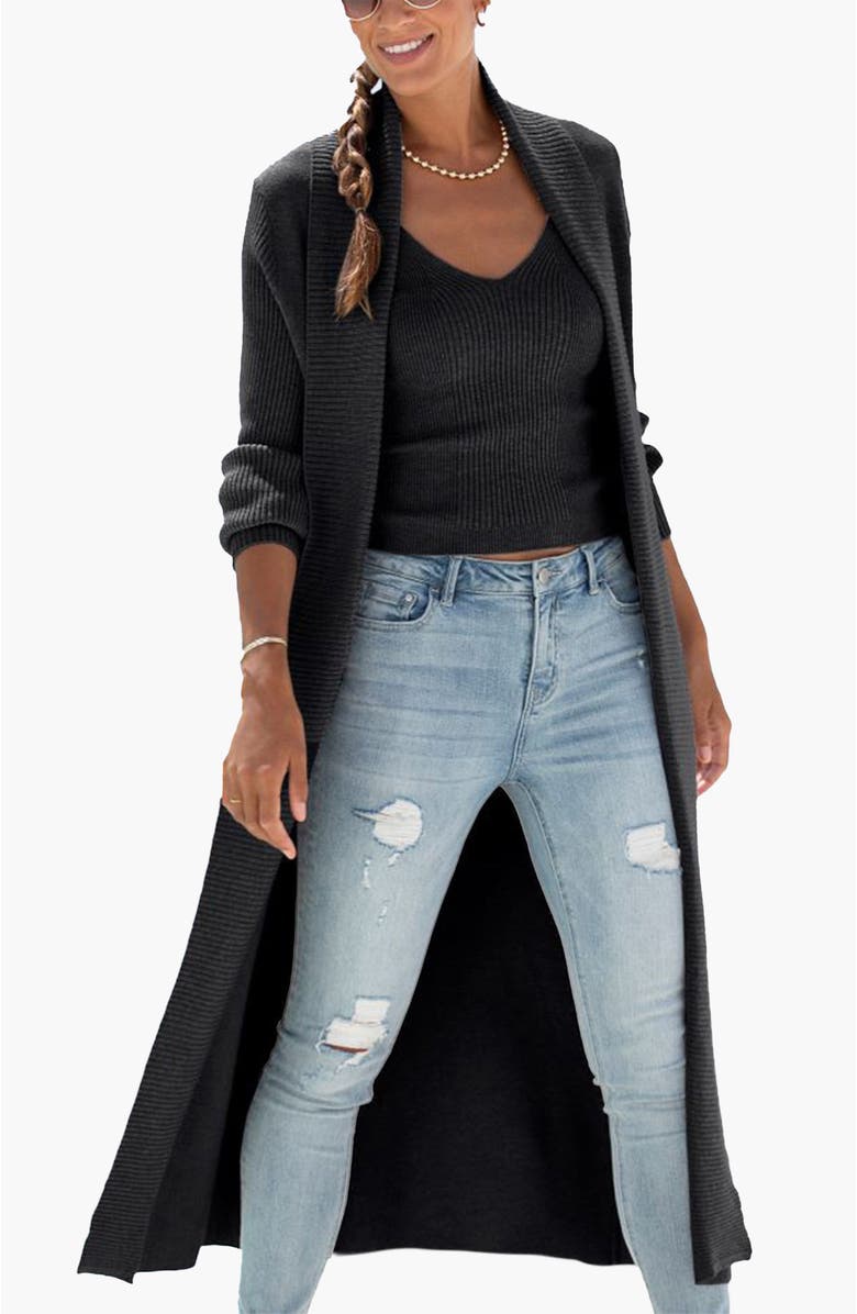 LASCANA Women's Long Knit Cardigan, Main, color, Black