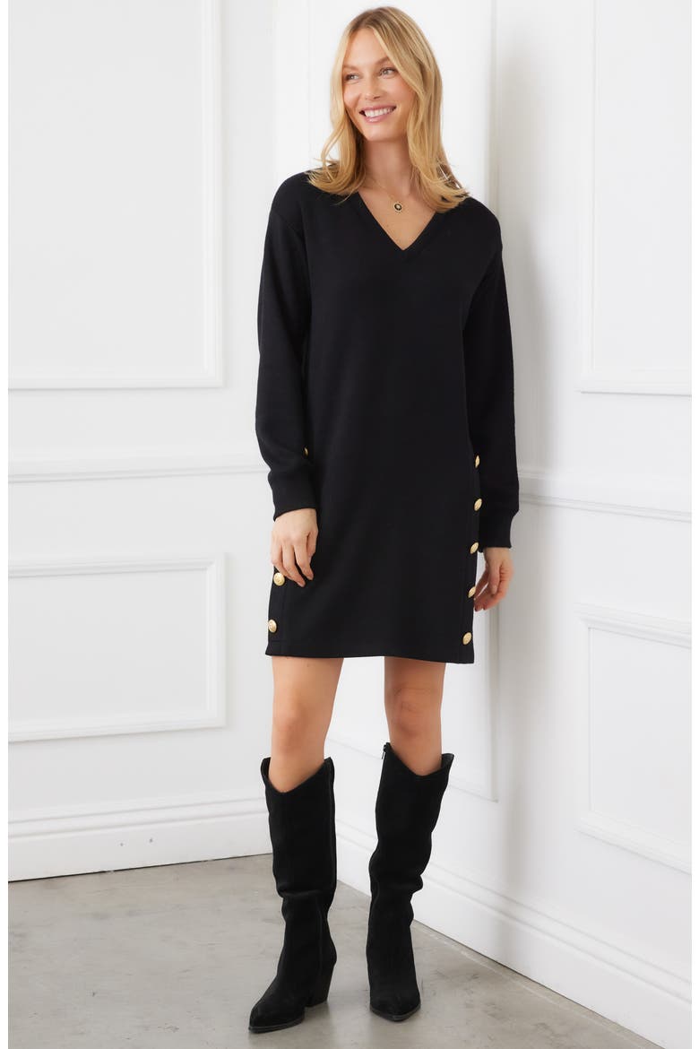 Crested Button Long Sleeve Sweater Dress, Alternate, color, BLACK