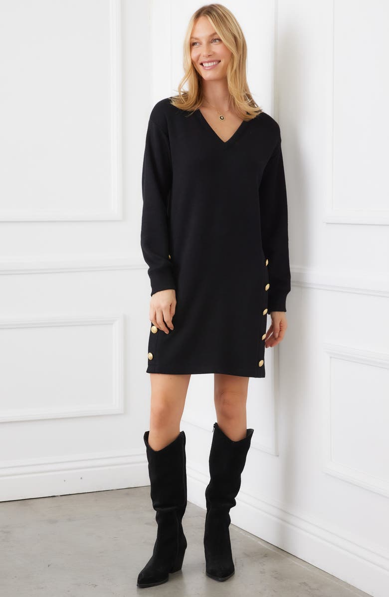 Karen Kane Button Detail Long Sleeve Shift Dress, Alternate, color, Black