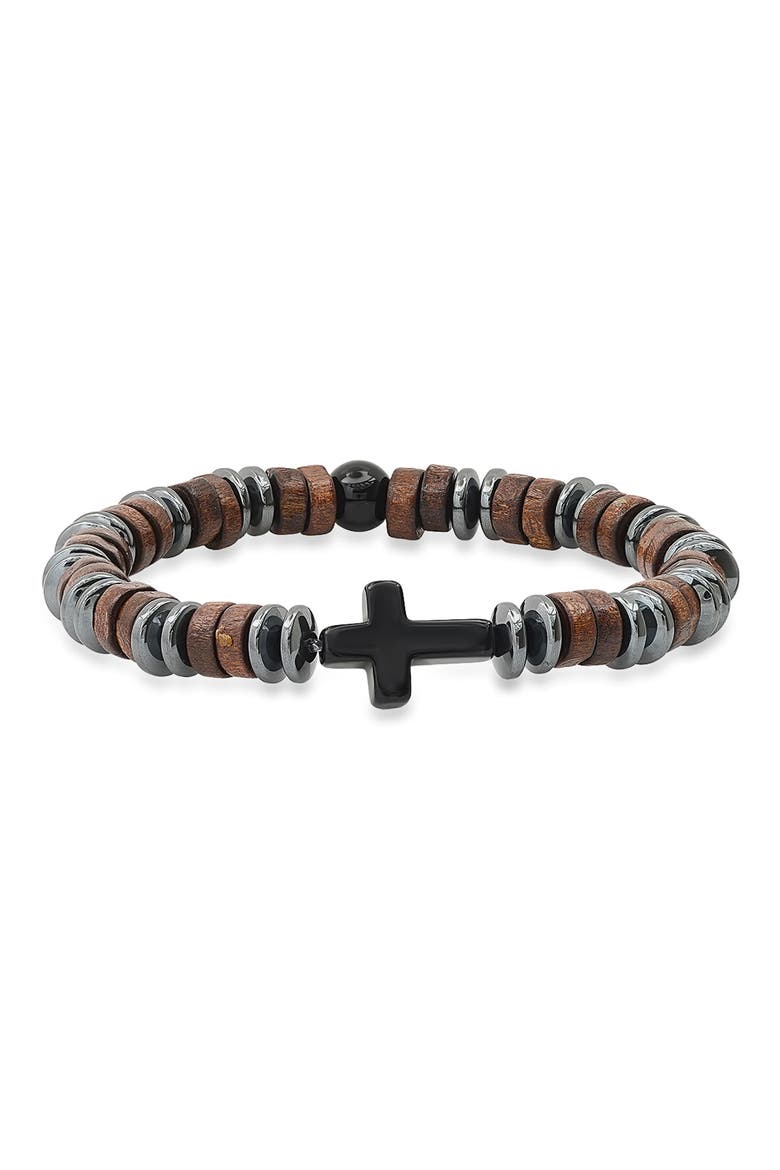 Hematite Wood Bead Cross Bracelet, Main, color, GRAY/ BROWN/ BLACK