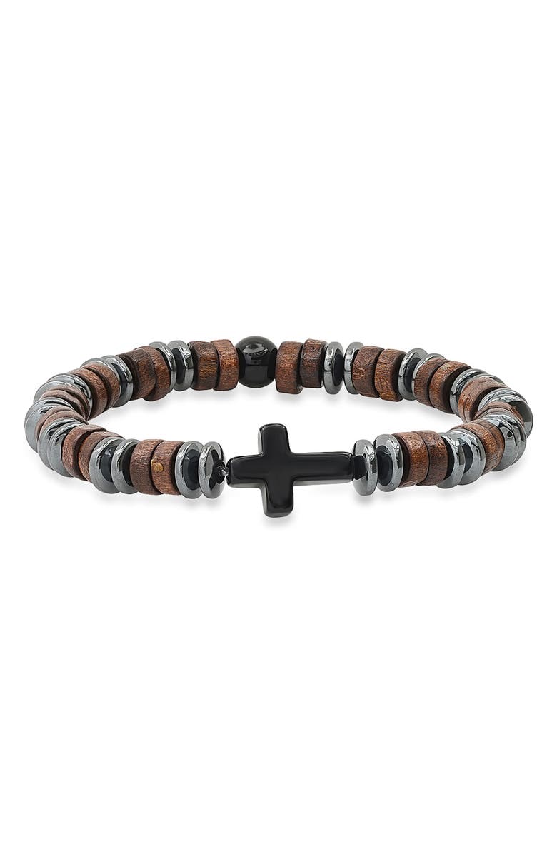 HMY JEWELRY Hematite Wood Bead Cross Bracelet, Main, color, Gray/ Brown/ Black