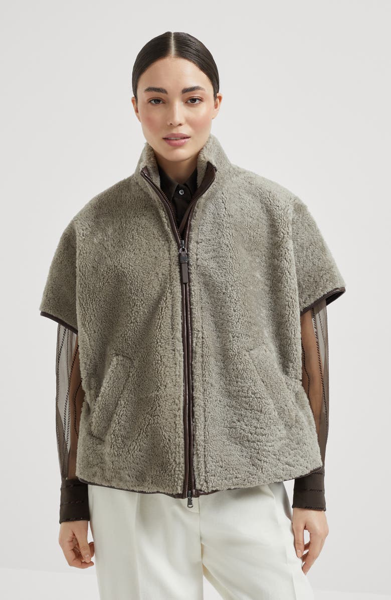 Brunello Cucinelli Curly shearling outerwear jacket, Alternate, color, Grey