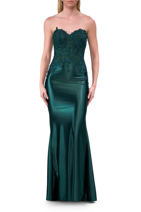 Strapless Satin Dress with Lace Top and Sweetheart Neckline