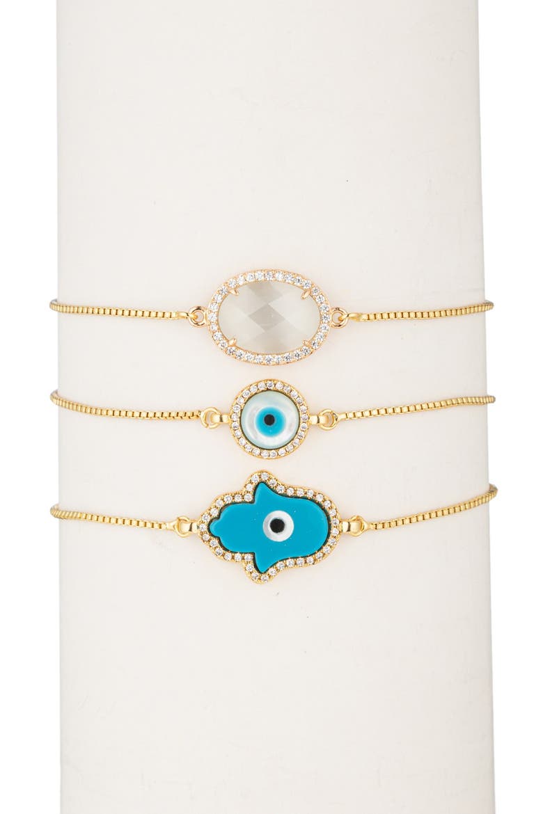 18K Gold Plated CZ Trim Hamsa Evil Eye Bracelet - Set of 3, Main, color, GOLD