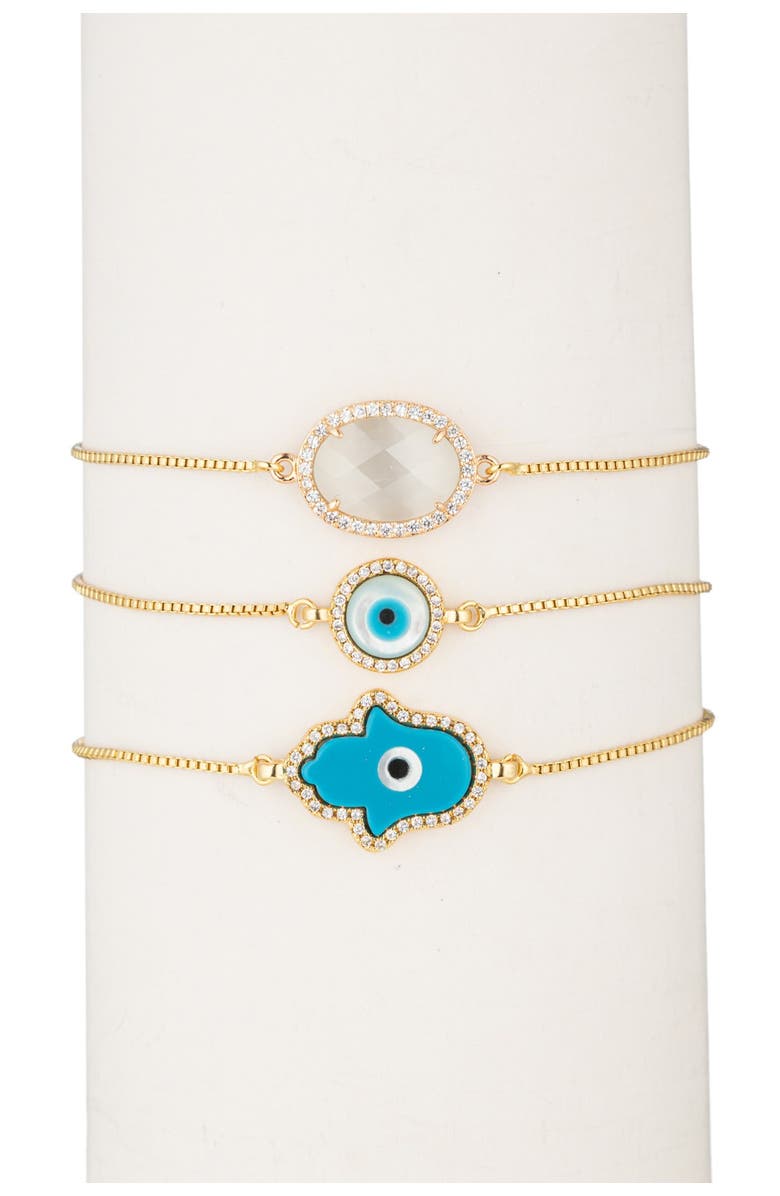 EYE CANDY LOS ANGELES 18K Gold Plated CZ Trim Hamsa Evil Eye Bracelet - Set of 3, Main, color, Gold