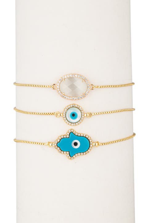 18K Gold Plated CZ Trim Hamsa Evil Eye Bracelet - Set of 3