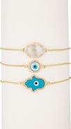 EYE CANDY LOS ANGELES 18K Gold Plated CZ Trim Hamsa Evil Eye Bracelet - Set of 3