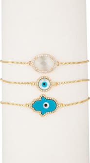 EYE CANDY LOS ANGELES 18K Gold Plated CZ Trim Hamsa Evil Eye Bracelet - Set of 3