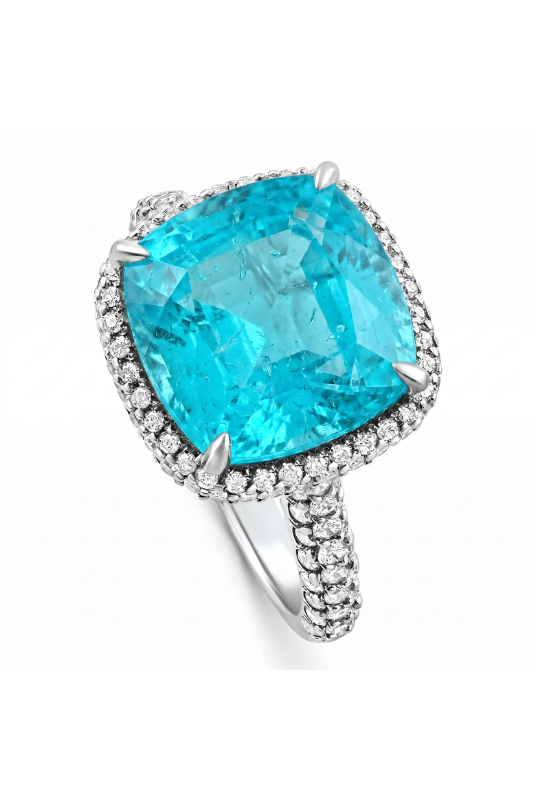 9.50Ct TW Cushion Paraíba & Pave Diamond Ring 14k Gold Lab Grown, Alternate, color, 14k White Gold