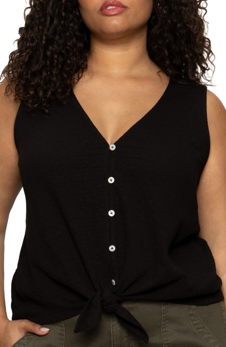 Sanctuary Vacation Textured Tie Front Button-Up Tank, Alternate, color, Black