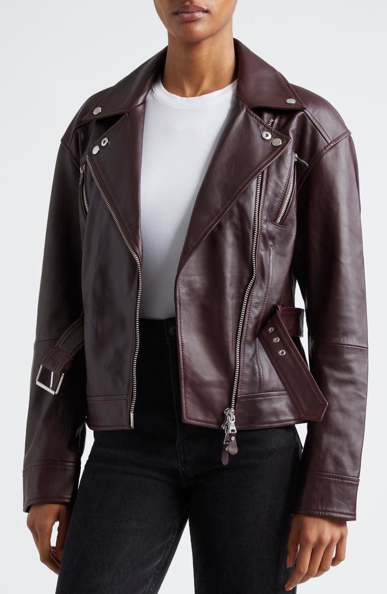 PAIGE Cento Belted Leather Moto Jacket, Alternate, color, Dark Oxblood