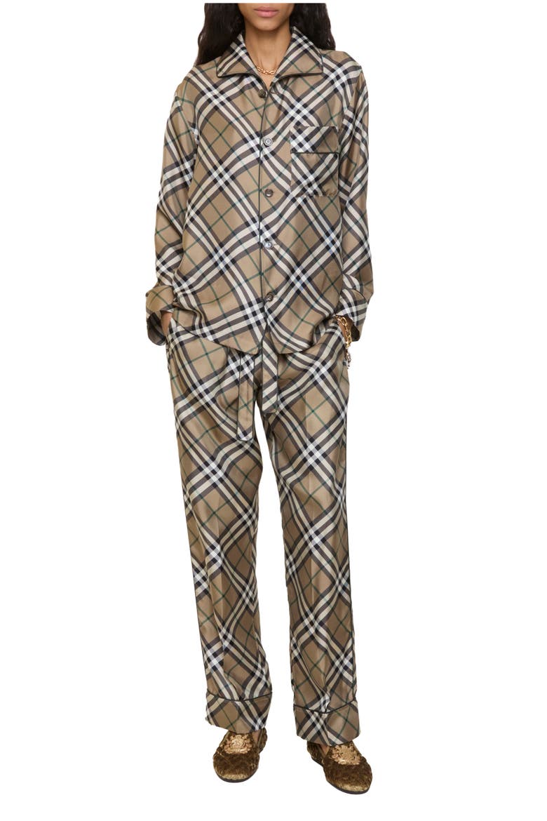 Check Silk Pyjama Trousers, Main, color, Linden beige