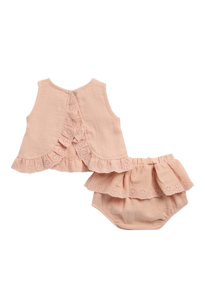 Embroidered Ruffle Trim Tulip Top & Bloomers Set, Alternate, color, MELON