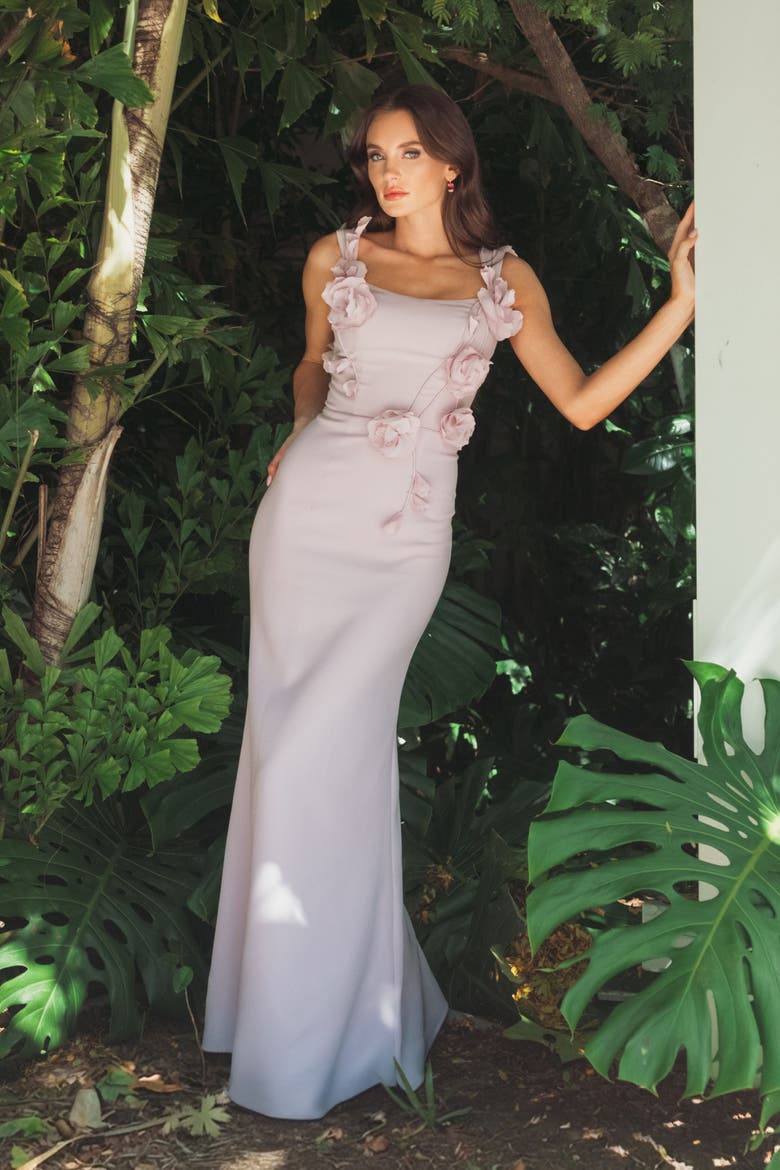 Crepe Sleeveless Column Gown With Floral Detail, Alternate, color, Blush