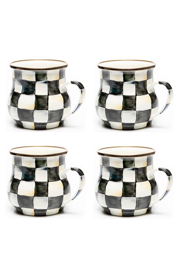 Courtly Check Set of 4 Enameled Steel Mugs, Main, color, BLACK/ WHITE