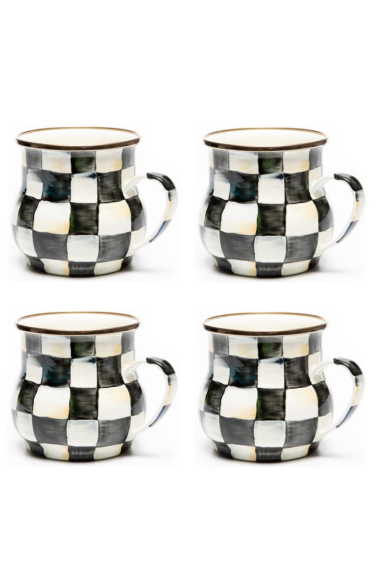 MACKENZIE CHILDS Courtly Check Set of 4 Enameled Steel Mugs, Main, color, Black/ White