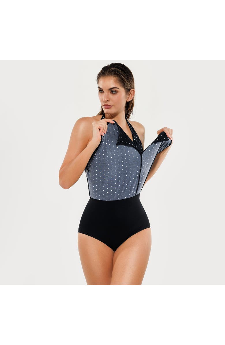 Popilush Halter Twist-Front Shaping Tankini & Skirt Set, Alternate, color, Black/White Dot