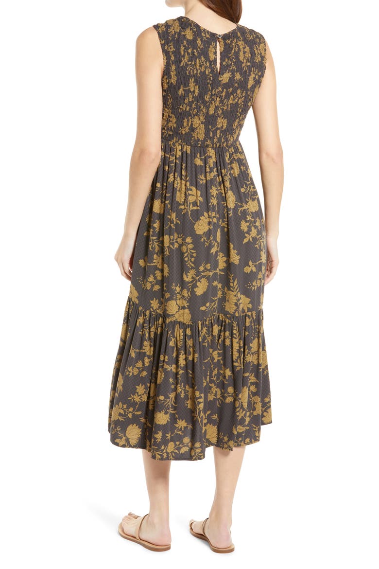 Smocked Sleeveless Midi Dress, Alternate, color, BROWN LATTE VINTAGE FLORAL
