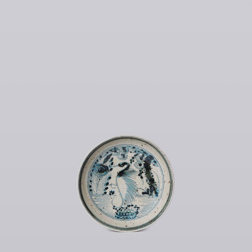 Cobalt Guild Small Blue And White Porcelain Dancing Crane Dish In Blue