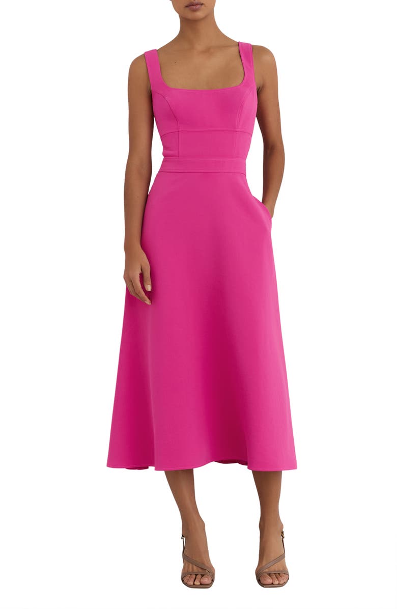Reiss Dina Cutout Back Fit & Flare Midi Dress, Main, color, Raspberry Pink