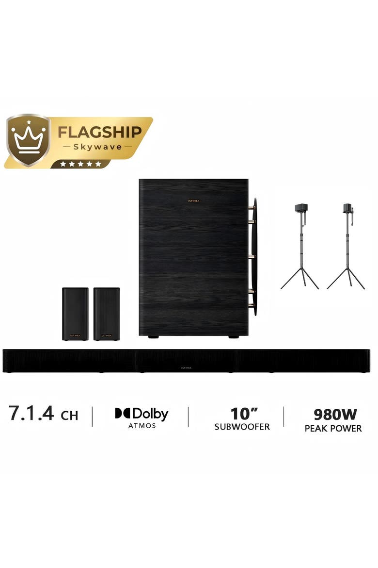 Skywave Series 7.1.4ch Dolby Atmos Wireless Surround Sound System with 10" Subwoofer & 2 Speakers + Speaker Stand, Main, color, Black