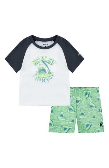 Hurley Shark Head Rashguard & Swim Shorts Set In Faded Green