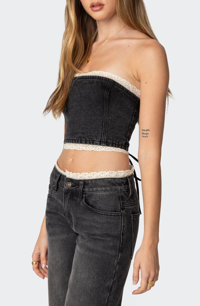 EDIKTED Karlie Lace Trim Denim Tube Top, Alternate, color, Black-Washed
