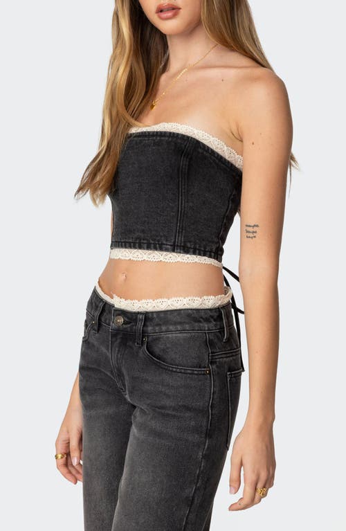 Shop Edikted Karlie Lace Trim Denim Tube Top In Black-washed