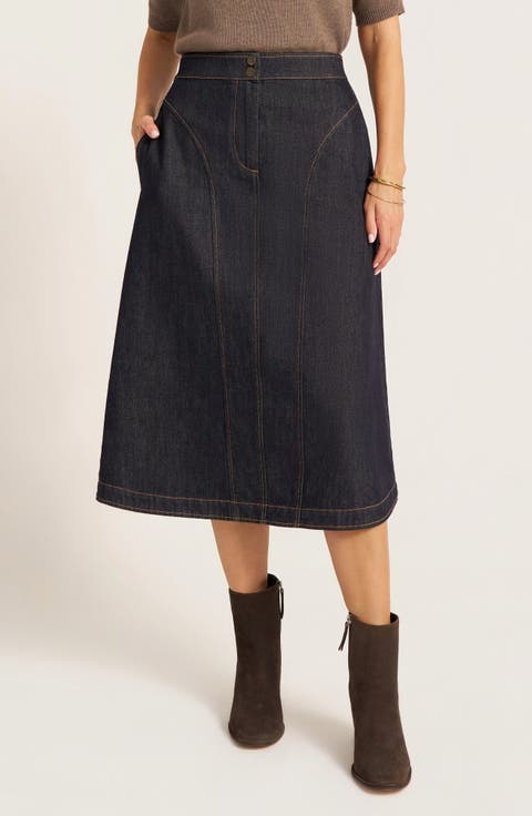 Lynn Seamed Denim Midi Skirt