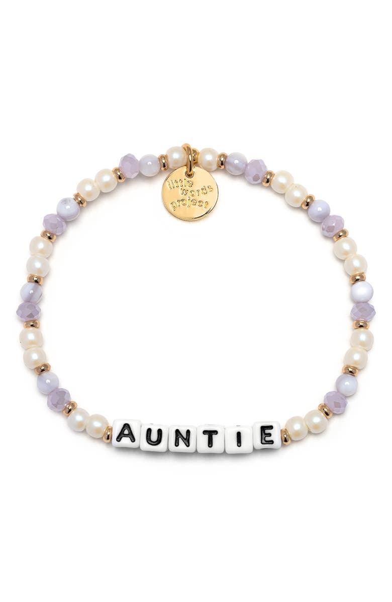 Little Words Project Auntie Beaded Stretch Bracelet, Main, color, White/ Lavender
