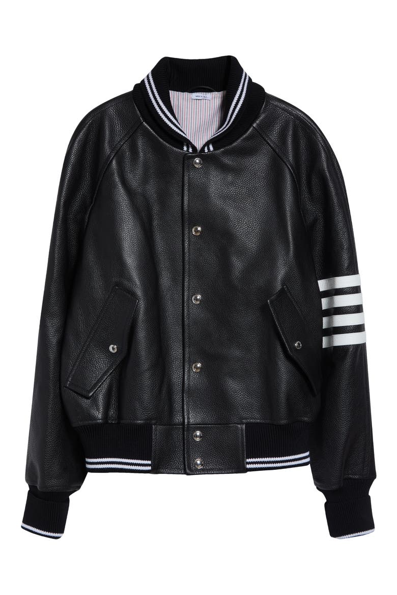 4-Bar Raglan Sleeve Leather Varsity Jacket, Main, color, BLACK